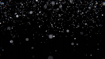 White snow falls in the dark on a black background. Blurred snowflakes in motion. 3d render