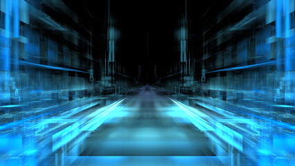 Futuristic abstract light, perspective, glowing background, technology design, science wallpaper, tunnel space. 3d render