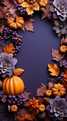 On a purple backdrop pumpkins and autumn fruits. Generative Ai.