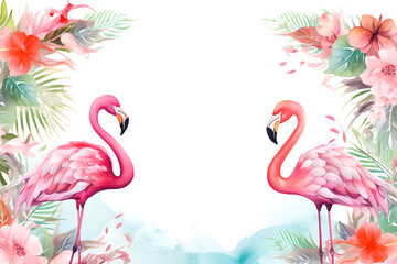 Abstract floral background with flamingo. Tropical flower frame in watercolor style.