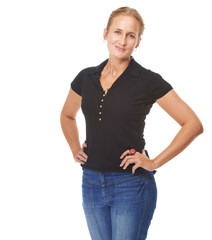 Obraz premium Happy woman, portrait and fashion in confidence standing isolated on a transparent PNG background. Attractive young female person or model posing in denim jeans or casual clothing with hands on hip