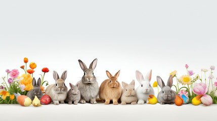 In a stunningly modern and beautiful Easter card, an adorable rabbit and its cute animal family are portrayed in a vibrant and colorful portrait, isolated against a white background, spreading joy and - obrazy, fototapety, plakaty