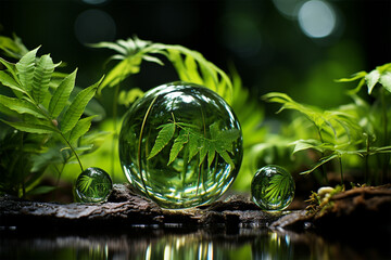 Close-up photo of leaves in a crystal ball on a green background