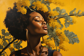 Portrait of afro american beautiful woman pressing a mimosa branch to her cheek - obrazy, fototapety, plakaty