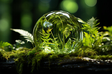 Close-up photo of leaves in a crystal ball on a green background