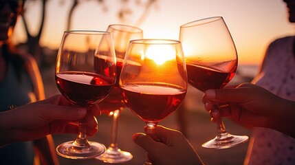 people young wine drink outdoor wine sunset illustration sunlifestyle glass, happy picnic, holding party people young wine drink outdoor wine sunset - obrazy, fototapety, plakaty