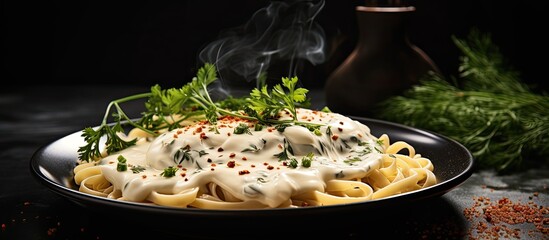 A foodie chef prepared a delicious pasta dish for breakfast, using white sauce made with milk and cheese, infused with a blend of healthy herbs and nutrition-packed ingredients. The closeup shot of