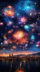 Fototapeta premium Lovely night sky with bright fireworks. Generative Ai.