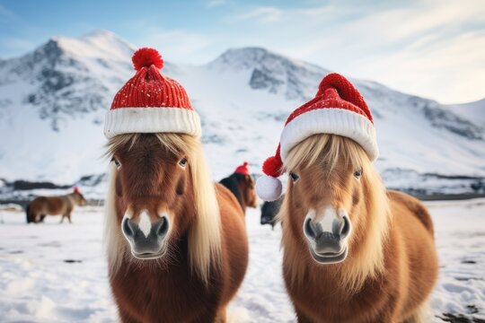 Funny horse dress in Christmas Santa hats standing on the snowy field in winter comeliness