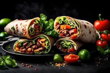 Burritos wraps with beef and vegetables on black background. Beef burrito, mexican food.