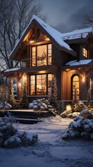 Outside of a Christmas home amid the snow. Generative Ai.