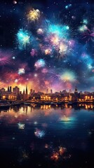 Fototapeta na wymiar Lovely night sky with bright fireworks. Generative Ai.