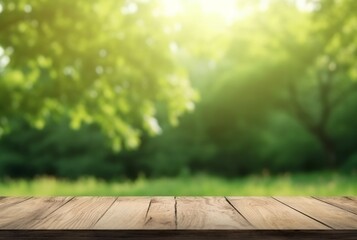 beautiful spring green landscape background with empty table. generative ai