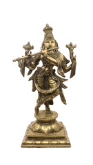 statue of hindu god lord krishna, a vishnu avatar, with multiple hands playing flute with hand signs crafted in gloden brass isolated in a white background