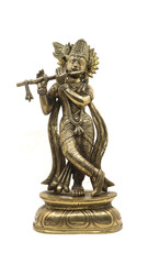 lord krishna playing flute music, an avatar of vishnu god of hindu religion, shiny bronze statue with a crown and ornamental details isolated in a white background