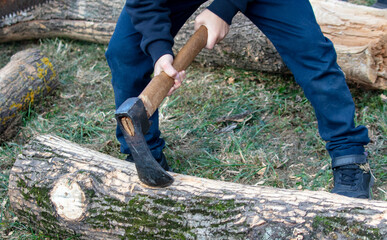 A boy hits a tree with an ax