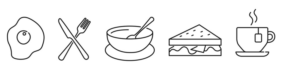 Breakfast icons. Breakfast time. Linear style. Vector illustration.