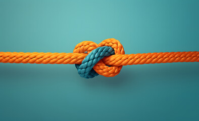 Vibrant Connection of an Orange Knot on Turquoise Background - obrazy, fototapety, plakaty