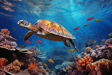 Fototapeta na wymiar Turtle swimming under blue sea water