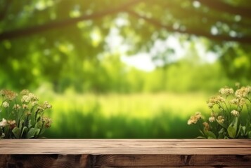 beautiful spring green landscape background with empty table. generative ai