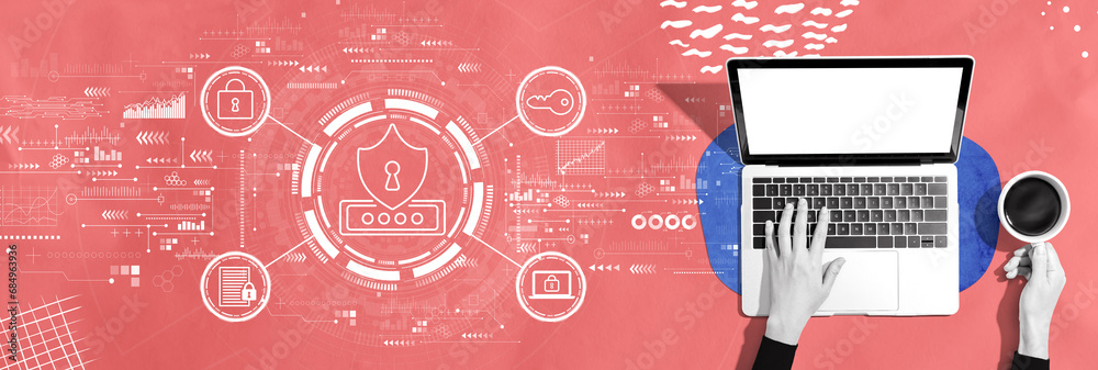 Poster cyber security theme with person using a laptop computer
