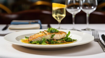 At the white table in the seafood restaurant, a dish with perfectly cooked fish, vibrant green vegetables, and a touch of Asian flair was being served, representing a healthy diet option rich in