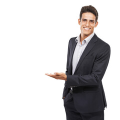 Presentation, showing and portrait of business man on isolated, png and transparent background. Corporate, professional and happy worker with hand gesture for information, announcement and options - obrazy, fototapety, plakaty