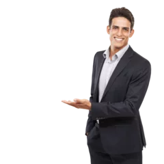 Fotobehang Presentation, showing and portrait of business man on isolated, png and transparent background. Corporate, professional and happy worker with hand gesture for information, announcement and options © Mayur/peopleimages.com