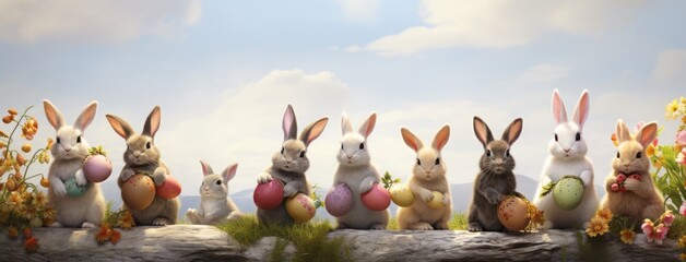Little cute bunnies holding colorful easter eggs, sky background with copy space. Happy Easter.