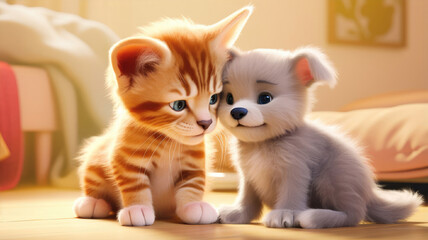 Cute puppy and kitten are sitting next to each other. Friendship between cat and dog