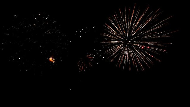 Abstract Colorful Fireworks on black background from international fireworks festival, 4th of July independence day and new year 2024 holiday concept. High quality 4k realtime cinematic raw video