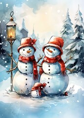 Fototapeta premium Festive Christmas Snowmen - Christmas card Concept