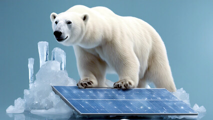Ein Eisbär steht auf Solarpanelen