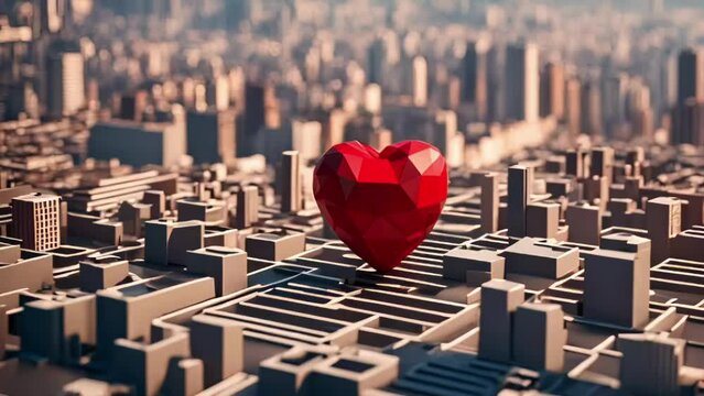 Vibrant polygonal red, faceted heart standing prominently amidst a 3D printed cityscape, symbolizing the presence of love in urban life, in line with Valentine's Day sentiments
