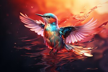 Obraz premium A Beautiful Bird Flying Down on Water in The Style of Glitch Art. Made with Generative AI Technology