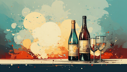 Two bottles of wine and glasses on grunge background with splashes,Generative AI - obrazy, fototapety, plakaty