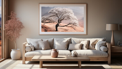 interior with brown sofa. 3d illustration mock up poster frame,Generative AI