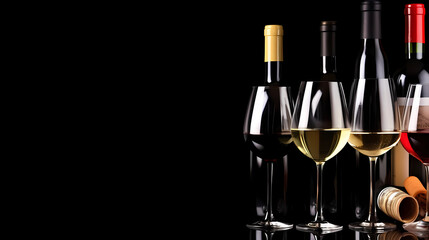 Glasses and bottles with red and white wine on black background