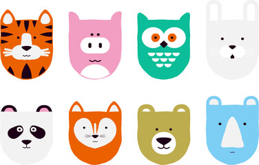 Set of cartoon animal faces. Hand drawn tiger, pig, owl, hare, panda, fox, bear and rhinoceros on a white background. Children's theme.