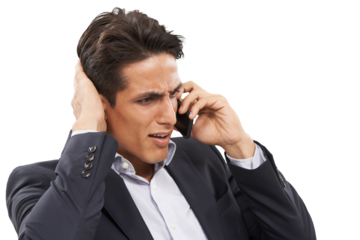 Business, fear and man with phone call stress on isolated, transparent or png background. Smartphone, anxiety and male entrepreneur confused by calling glitch, phishing or stock market crash news