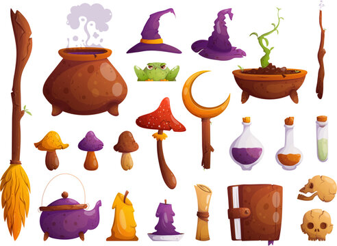Set of cartoon items for magic and witchcraft.. A cauldron with a potion, a magic wand and a broom, mushrooms, candles, a book of spells, skulls and witch hats, a toad and a sprout of a witch's plant.