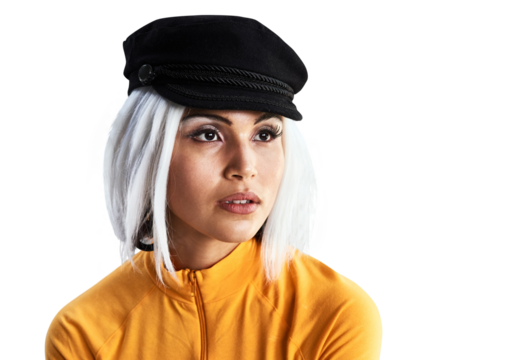 Isolated woman, cap and fashion with thinking, ideas and vintage style with vision by transparent png background. Gen z girl, model and edgy retro clothes to remember with trendy hat and memory