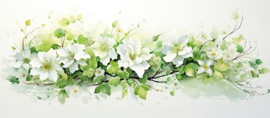 Fototapeta premium In a stunning display of creativity, an abstract floral design bursts forth, embodying the essence of summer and spring, with leaves of vibrant green and delicate white flowers. Isolated against a