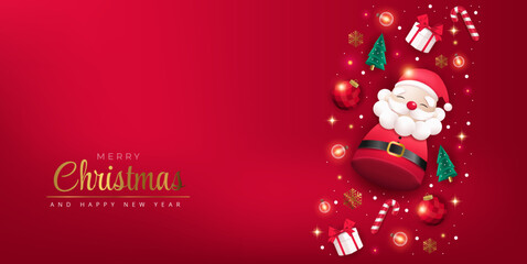 Vector merry christmas and happy new year poster or banner with cute santa claus, gift box and element
