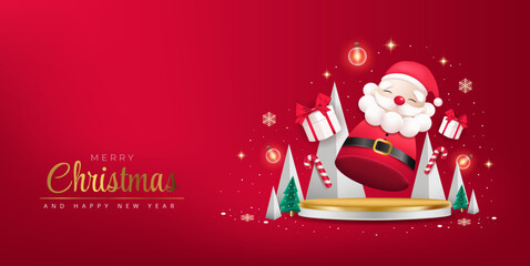 Vector merry christmas and happy new year poster or banner with cute santa claus, gift box and element