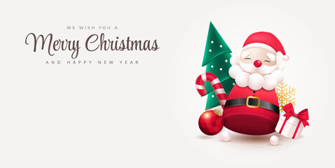 Vector merry christmas and happy new year poster or banner with cute santa claus, gift box and element