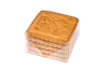 Biscuits in cellophane packaging on a white background. A pack of biscuits is isolated.