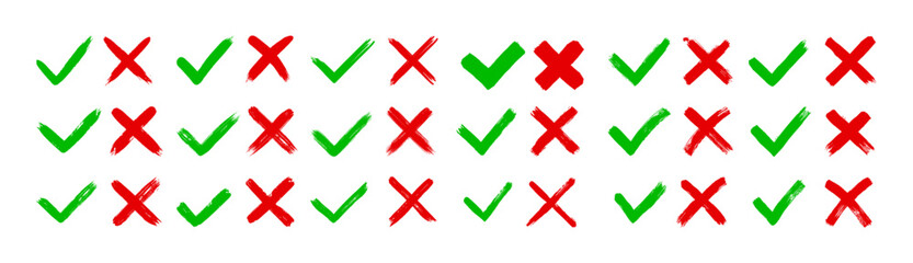 Dirty grunge hand drawn with brush strokes cross X and tick OK check marks V vector illustration set.