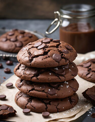 Delicious chocolate chip cookies or double chocolate cookies stacked on kitchen table.