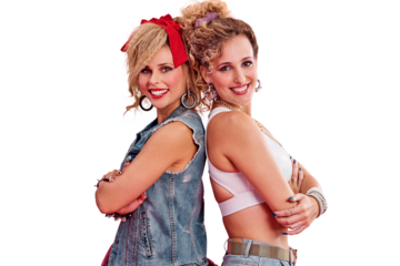 Friends, women and smile in portrait, fashion and retro or vintage clothing, support and bonding. People, face and happy or style, colourful and curly hair or isolated on transparent png background